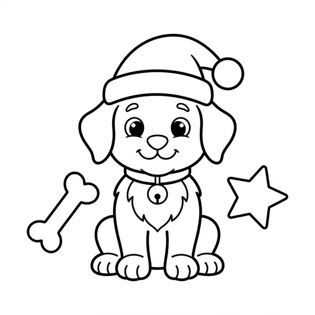 Christmas puppy in a Santa hat coloring page