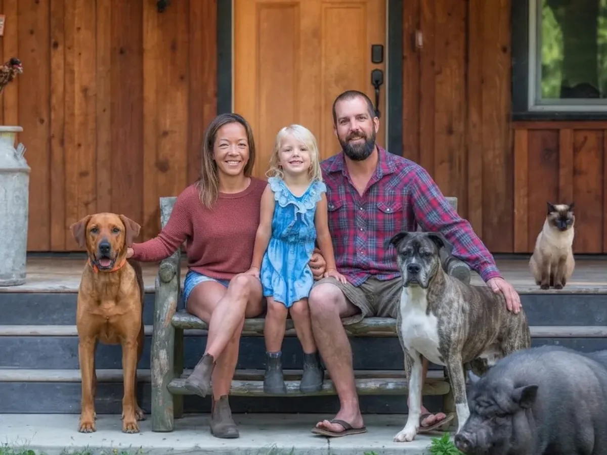 Family photo with dogs, a cat and a pig on a porch, transformed into a coloring page